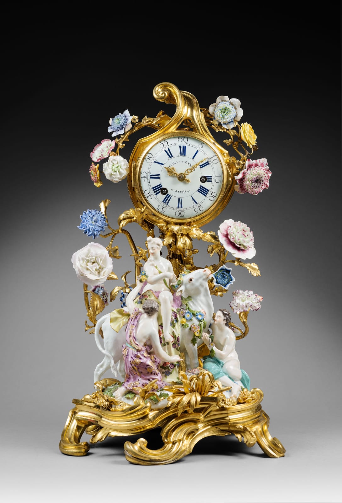 Gérard Benoît , A Louis XV mantel clock “Europa and the Bull” by Gérard Benoît, The porcelain: Meissen, date circa 1750. The gilt bronze: Paris, date circa 1750