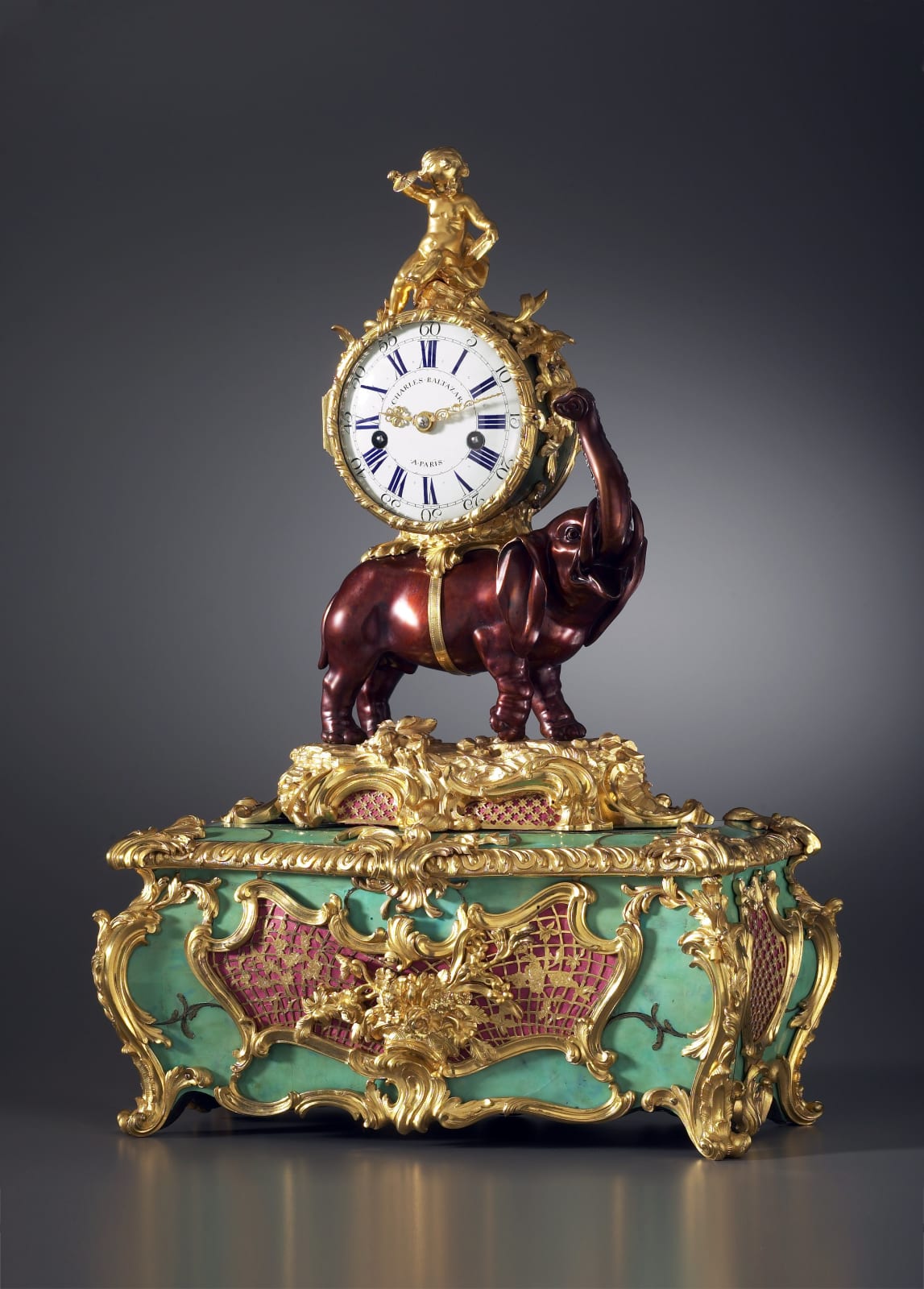 Charles Baltazar , A Louis XV Pendule ‘À L’Éléphant’ with music box, by Charles Baltazar à Paris, Paris, dated 1747