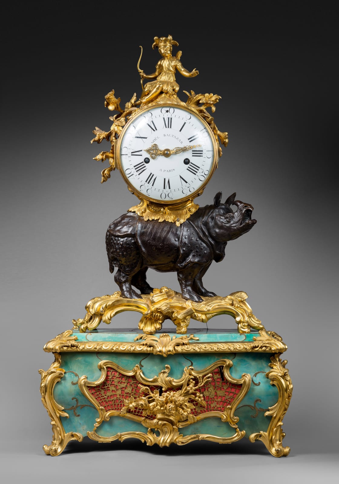 Noël Baltazar, A Louis XV 'Pendule au Rhinoceros' by Noel Baltazar, the musical movement by Viger, case by Jean-Joseph de Saint-Germain, Paris, date circa 1755