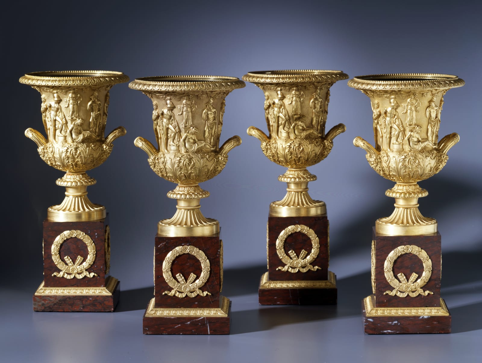 Pierre-Philippe Thomire (attributed to), A set of four Empire Medici Vases on pedestals attributed to Pierre-Philippe Thomire , Paris, date circa 1810