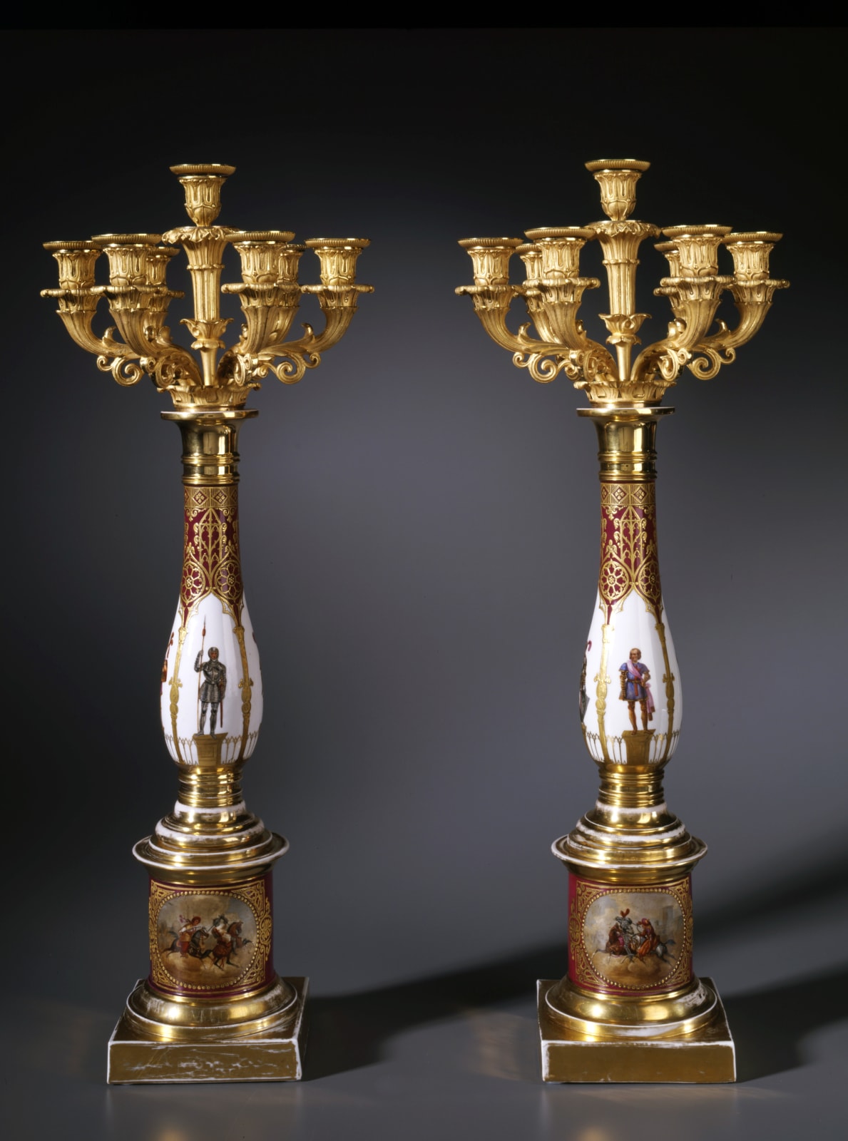 Unknown, A pair of Restauration seven-light candelabra, The bronze: Paris. The porcelain: European, date circa 1820-30