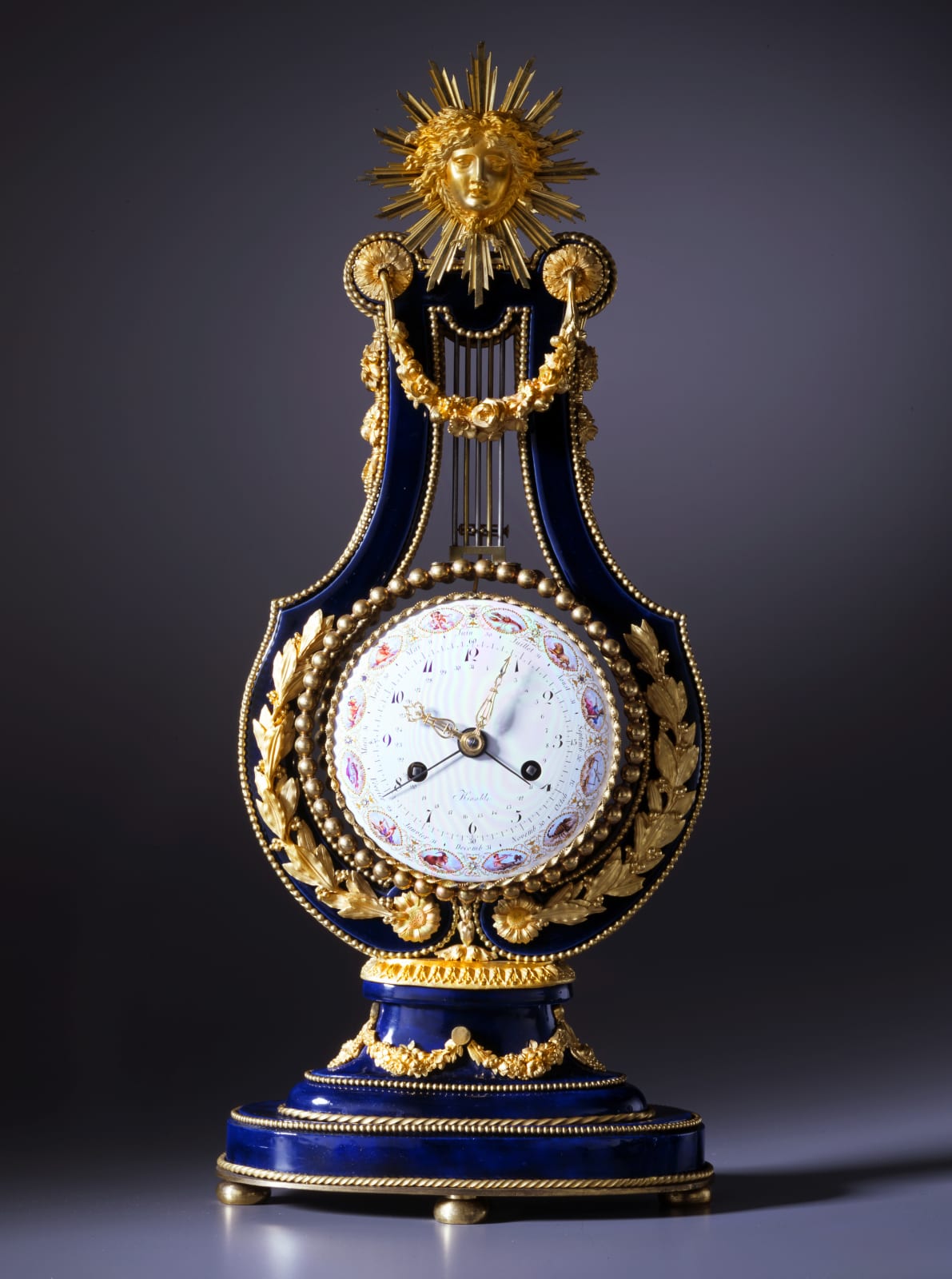 Dieudonné Kinable, A Louis XVI lyre clock of eight day duration, movement by Kinable the enamel work by Dubuisson, Paris, date circa 1785-90