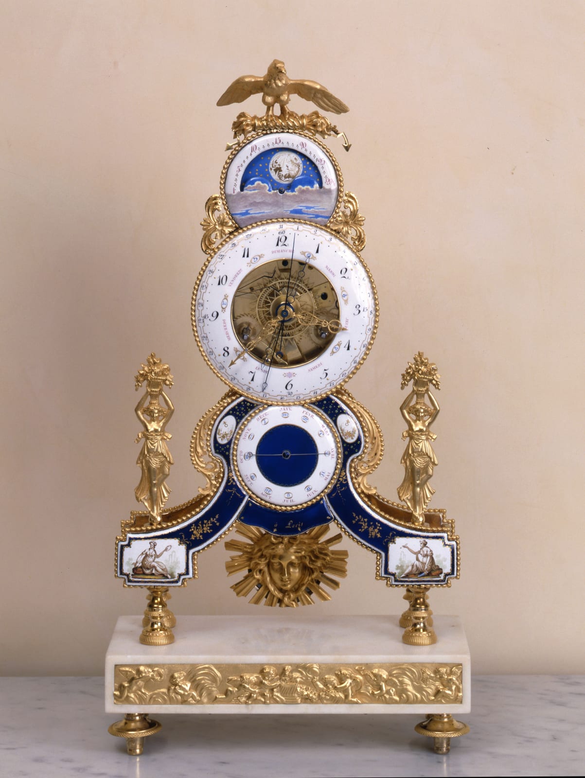 Joseph Coteau (attributed to), A Louis XVI astronomical skeleton clock, enamel work attributed to Joseph Coteau, Paris, date circa 1790