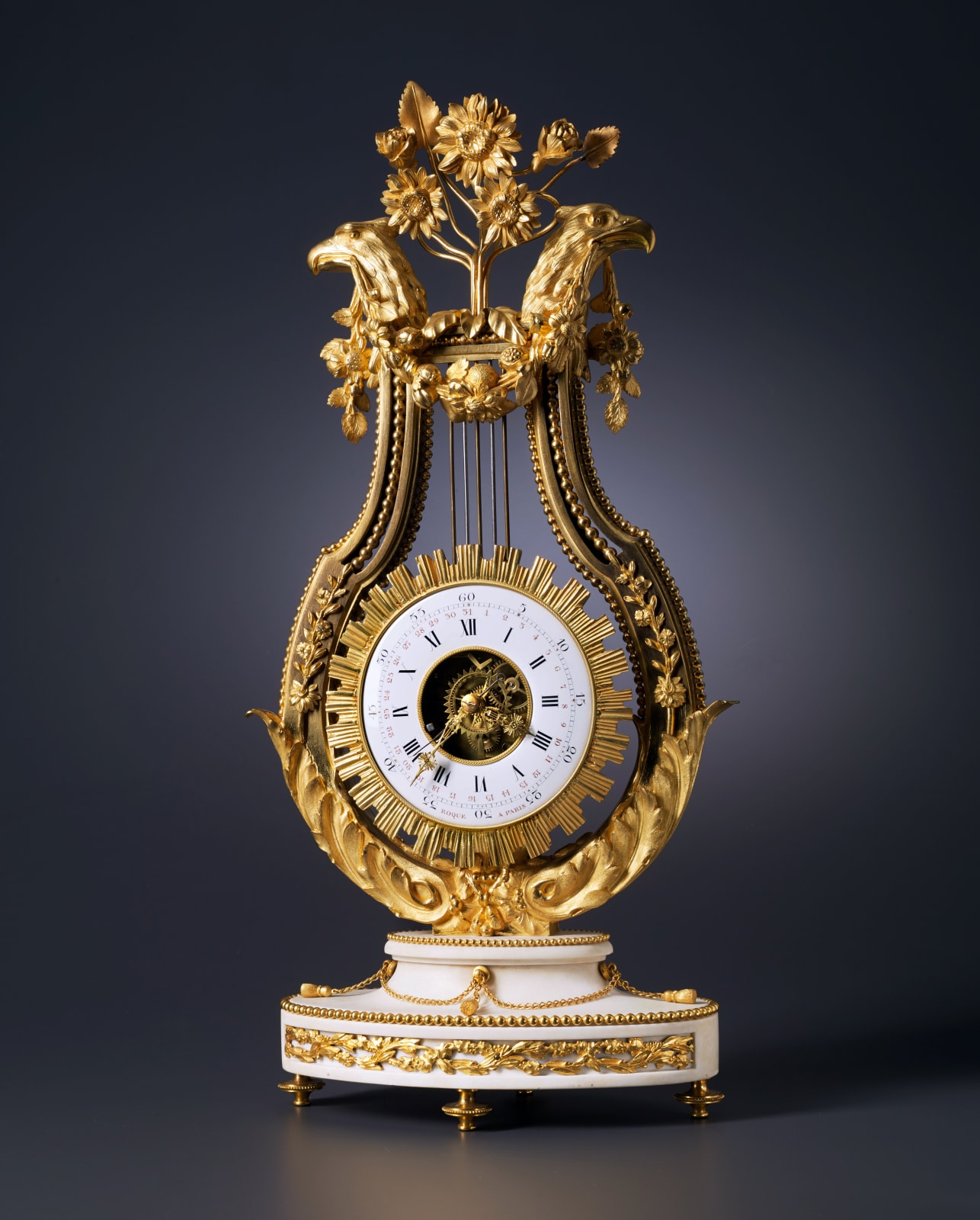 Jean Léonard Roque , A Louis XVI lyre clock by Jean Léonard Roque, Paris, date circa 1785