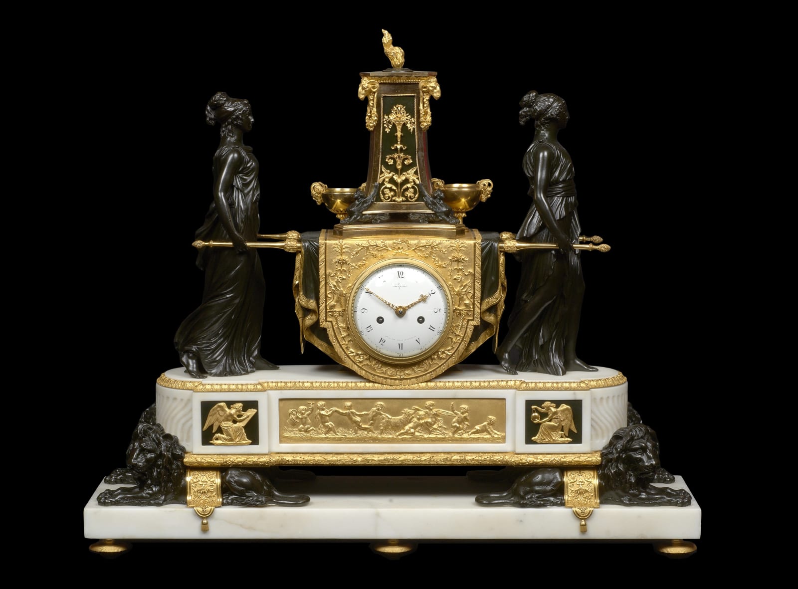 Pierre-Claude Lépine (Raguet-), A Louis XVI mantel clock representing the Vestal Virgins Carrying the Sacred Fire by Pierre-Claude Raguet-Lépine, Paris, date circa 1790-91