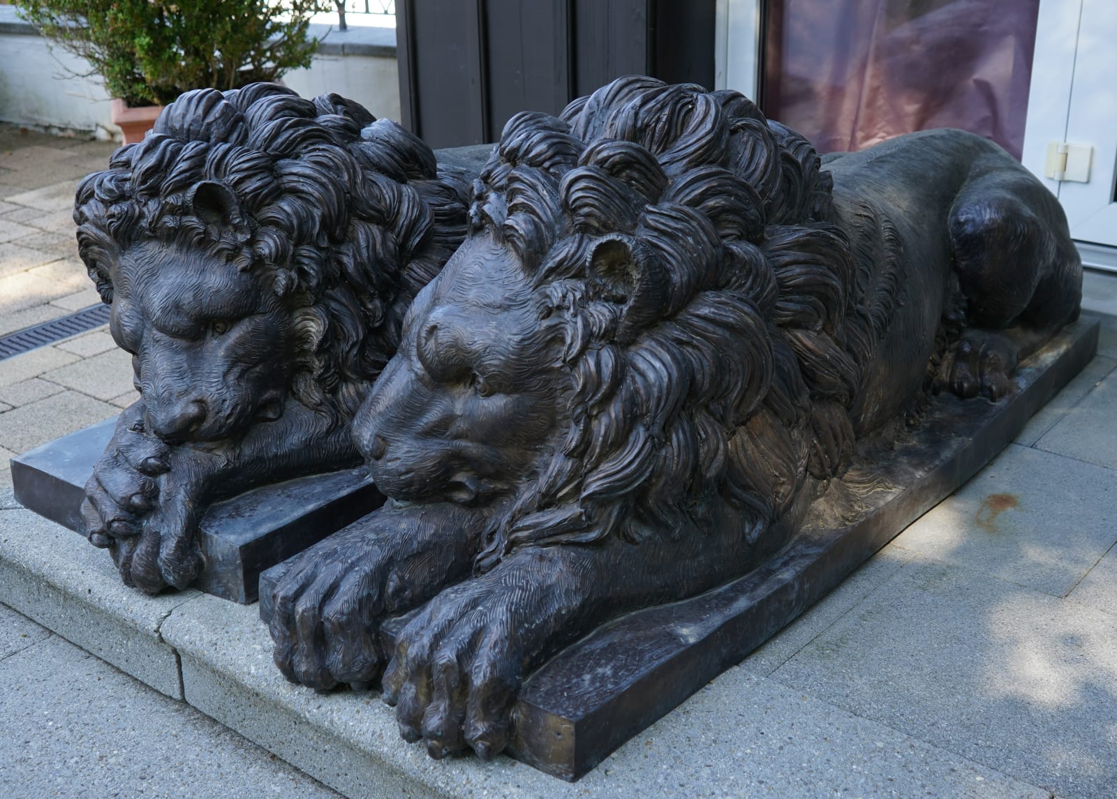 Antonio Canova, PAIR OF TWENTIETH CENTURY EUROPEAN PATINATED BRONZE RECUMBENT LIONS, Europe, either Paris or Rome, date circa 1900-70
