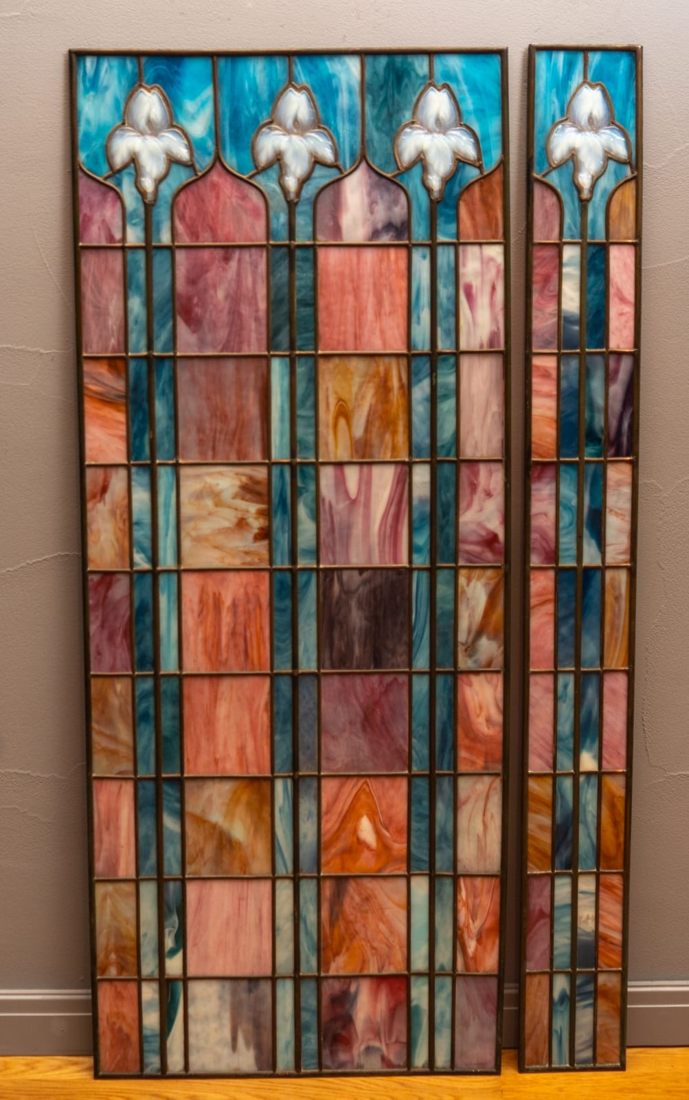 TIFFANY STVDIOS / NEW YORK , TWO ART NOUVEAU LEADED AND PLATED GLASS WINDOWS