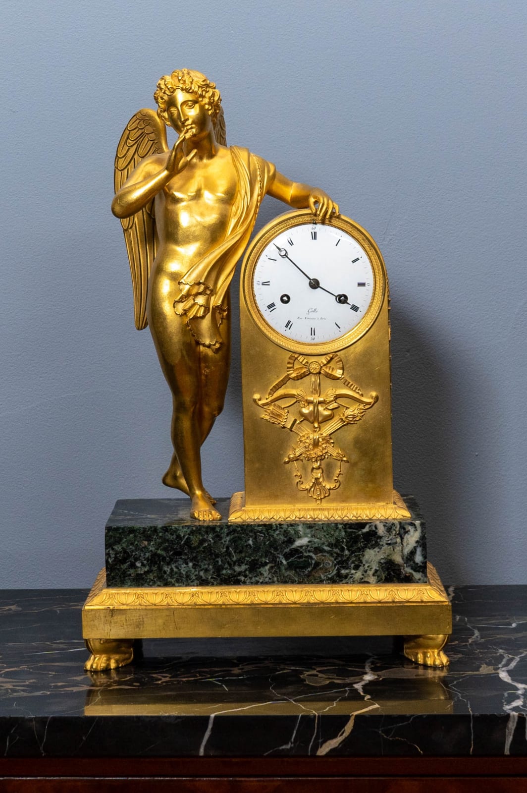 Claude Galle, An Empire gilt bronze and green marble figural mantel clock, Paris, date circa 1810