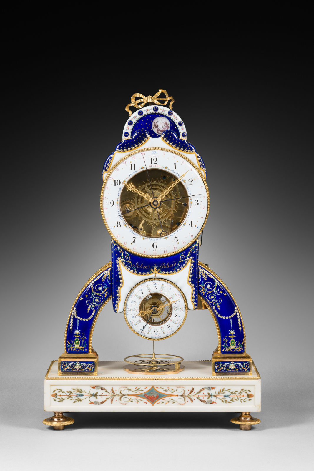 Julien Béliard, A late 18 th Century striking skeleton clock with Revolutionary time and remontoire by Julien Beliard, the enamels by Joseph Coteau, Paris, date 1794
