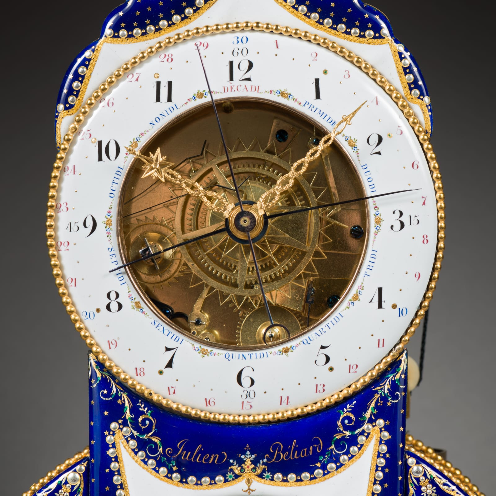 Julien Béliard, A late 18 th Century striking skeleton clock with Revolutionary time and remontoire by Julien Beliard, the enamels by Joseph Coteau, Paris, date 1794