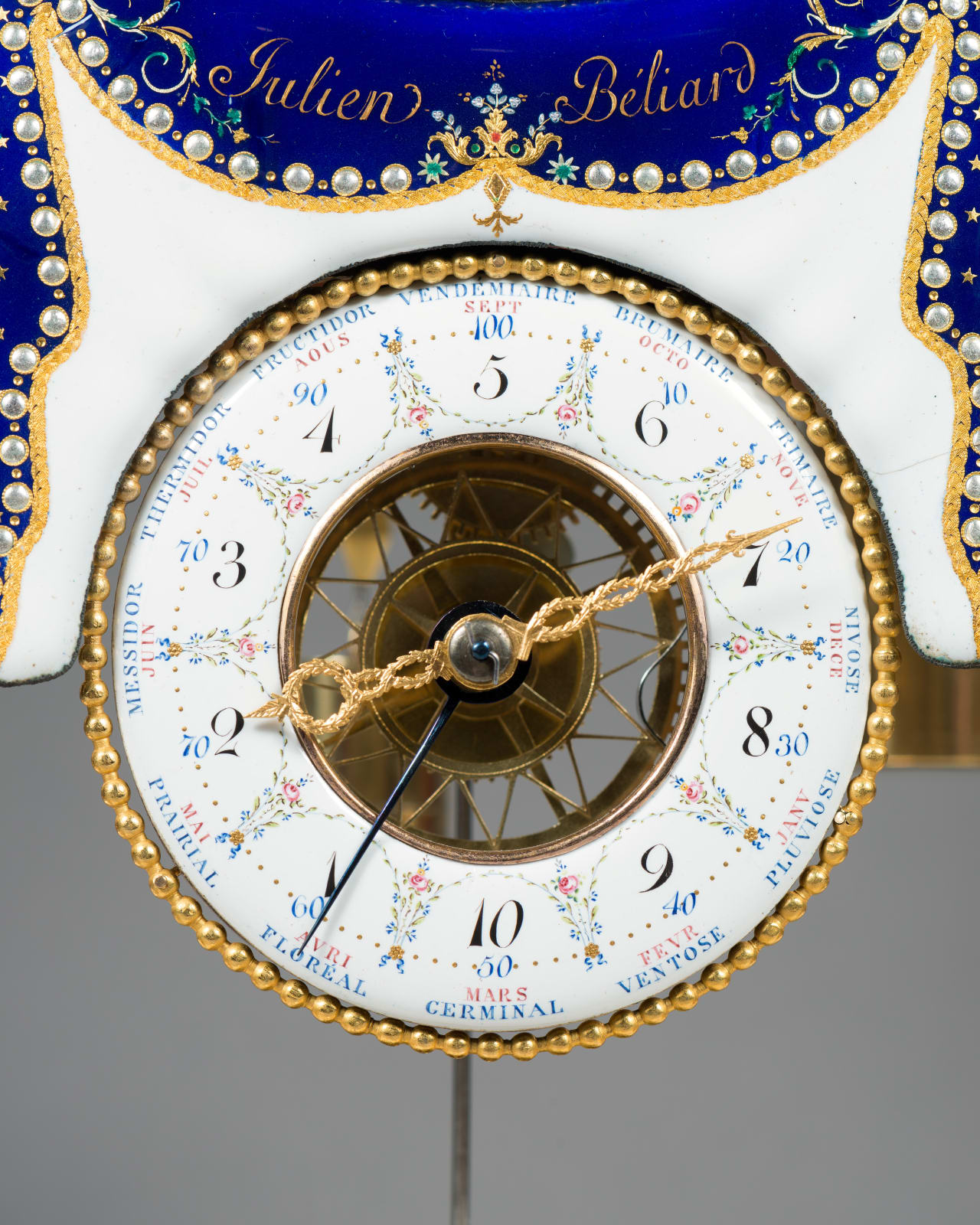 Julien Béliard, A late 18 th Century striking skeleton clock with Revolutionary time and remontoire by Julien Beliard, the enamels by Joseph Coteau, Paris, date 1794