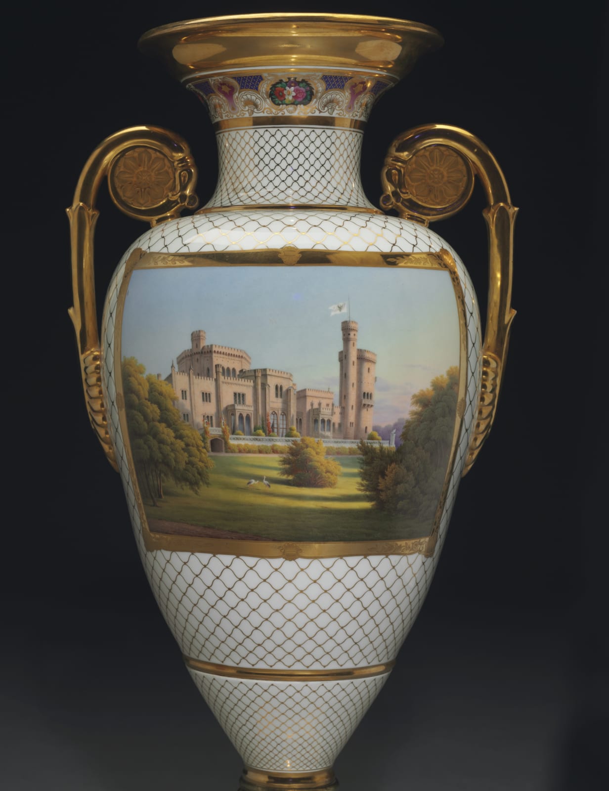 K.P.M. Königliche Porzellan-Manufaktur, Berlin, A highly important Classical armorial and topographical three-piece vase garniture from “The Meiningen Service” by KPM, Berlin, commissioned in 1850