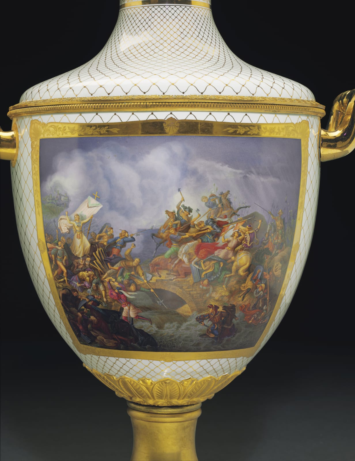 K.P.M. Königliche Porzellan-Manufaktur, Berlin, A highly important Classical armorial and topographical three-piece vase garniture from “The Meiningen Service” by KPM, Berlin, commissioned in 1850