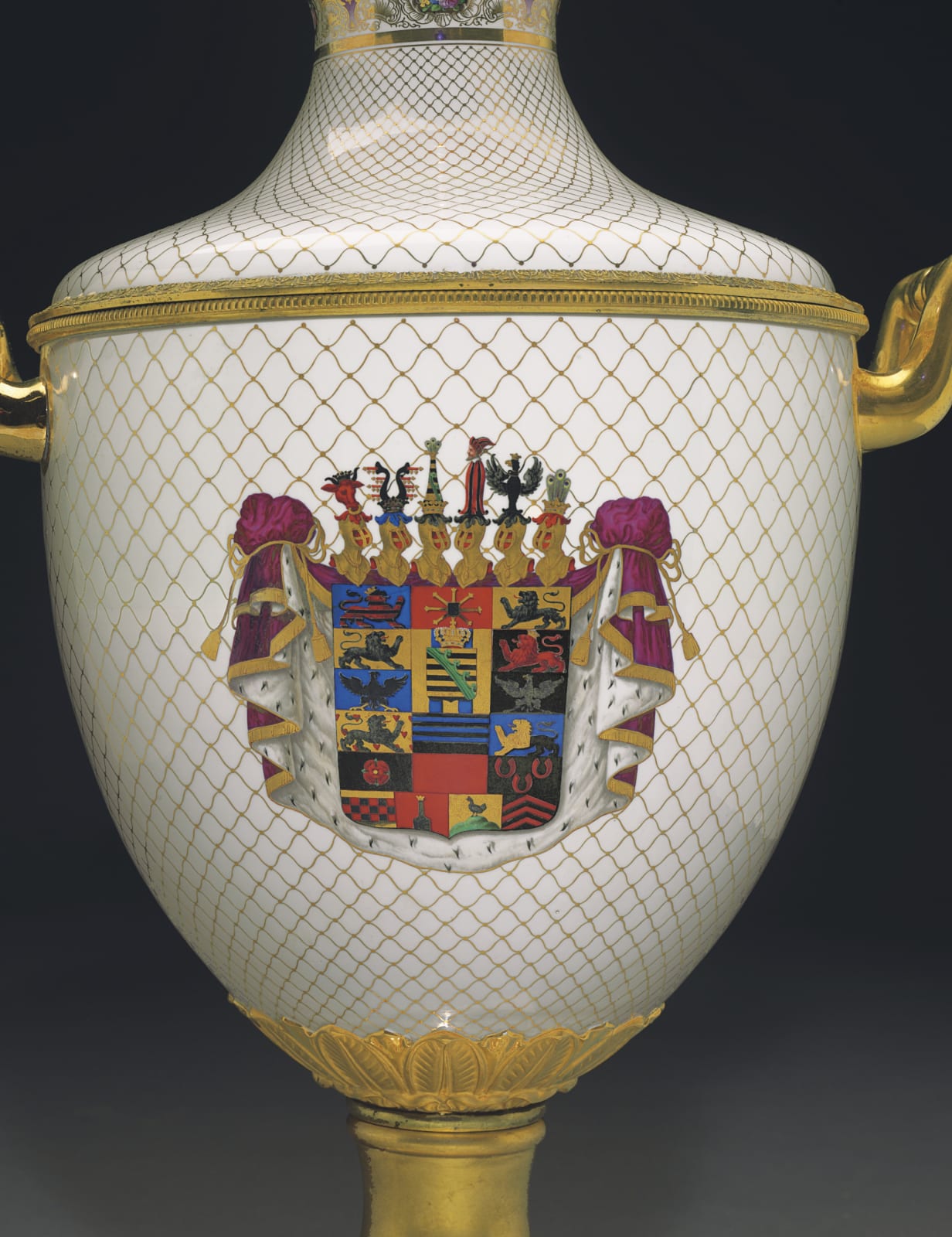 K.P.M. Königliche Porzellan-Manufaktur, Berlin, A highly important Classical armorial and topographical three-piece vase garniture from “The Meiningen Service” by KPM, Berlin, commissioned in 1850