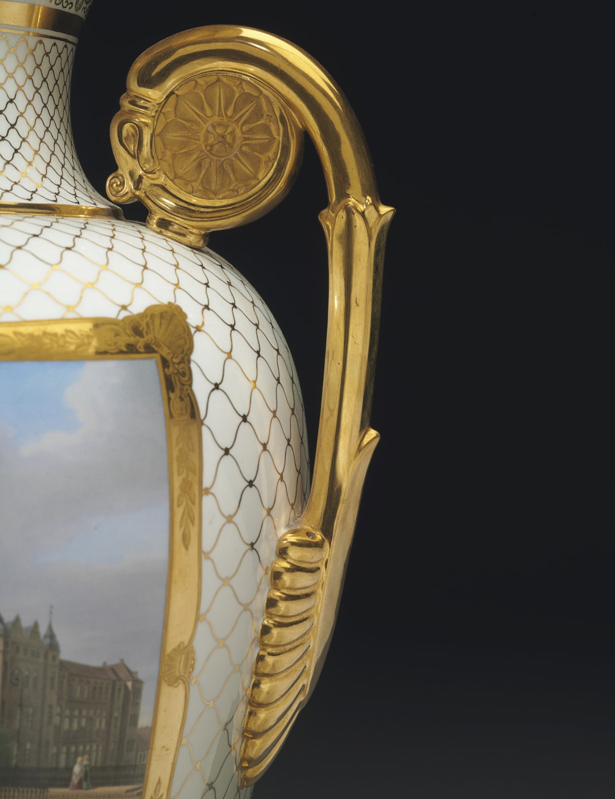 K.P.M. Königliche Porzellan-Manufaktur, Berlin, A highly important Classical armorial and topographical three-piece vase garniture from “The Meiningen Service” by KPM, Berlin, commissioned in 1850