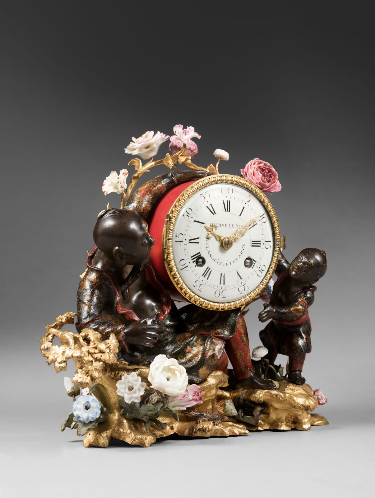 Pierre II Le Roy , A Louis XV mantel clock by Pierre II Le Roy, magot figures attributed to Martin Frères, Paris, date circa 1750