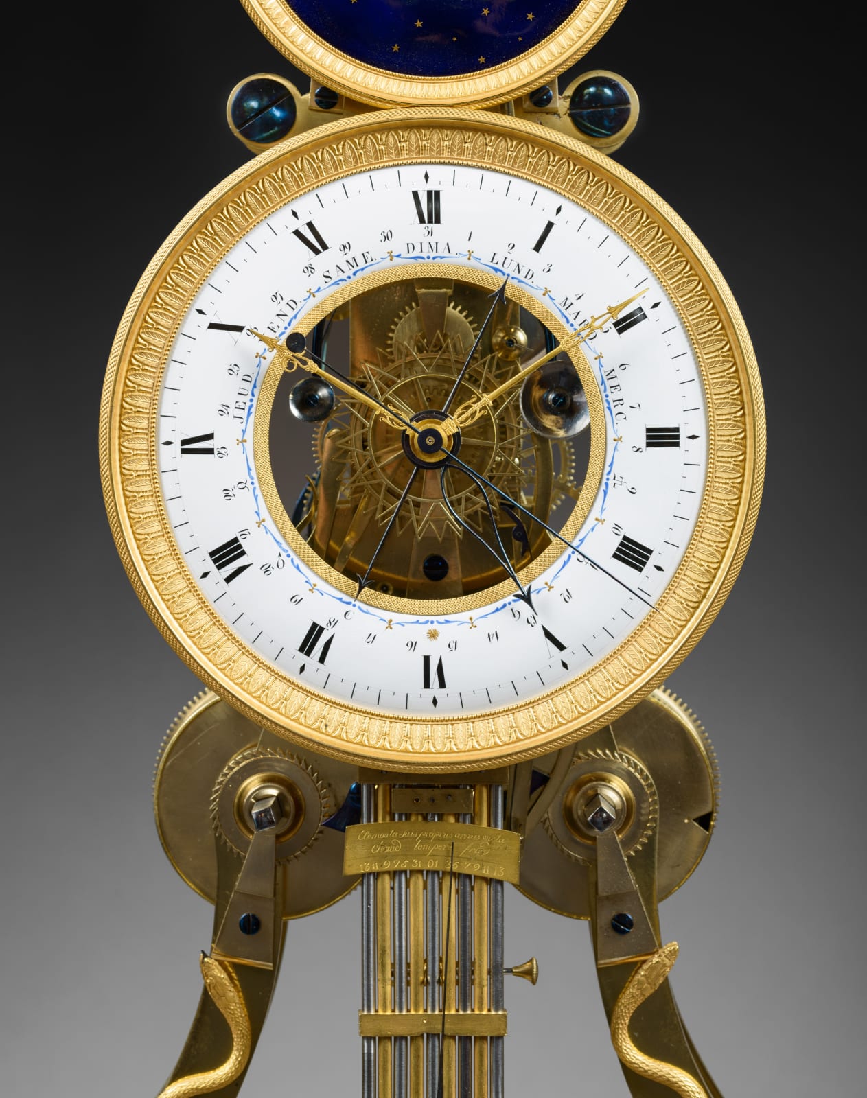 Joseph Coteau (attributed to), A large Directoire/Empire skeleton clock of month duration, dials attributed to either Joseph Coteau or Etienne Gobin, known as Dubuisson, Paris, date circa 1795-1805