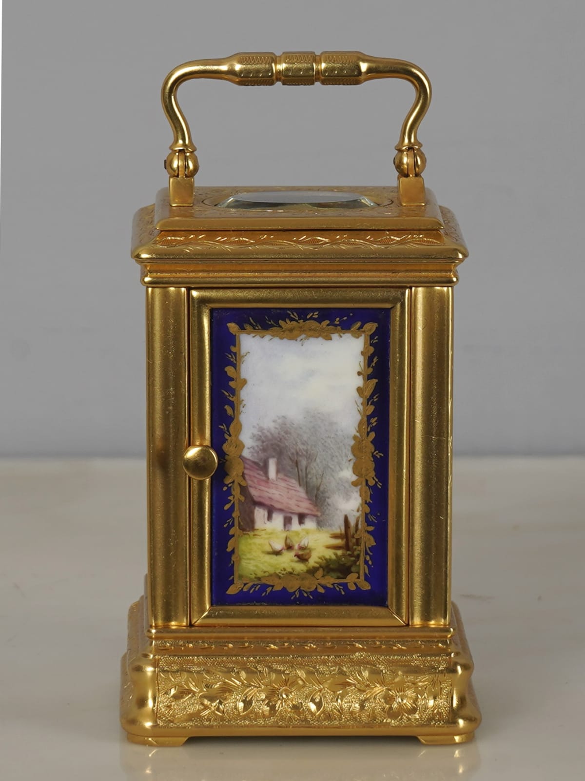 Unknown, A French miniature carriage clock with 4 porcelain panels, Paris, date circa 1870