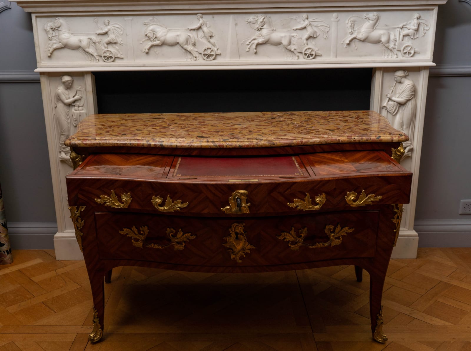 Pierre IV Migeon, A LOUIS XV GILT BRONZE MOUNTED BOIS DE SATINÉ COMMODE EN SECRÉTAIRE, Paris, date circa 1750-55