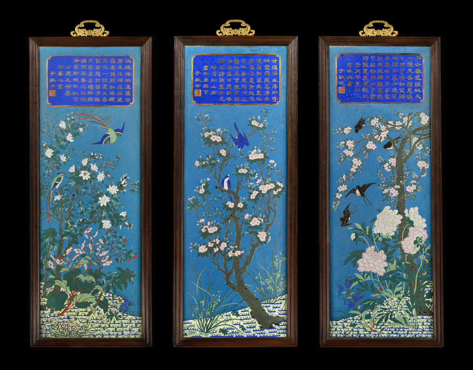 A RARE AND IMPORTANT SET OF THREE IMPERIAL CLOISONNE PANELS, QING DYNASTY, QIANLONG PERIOD (1736–1795)