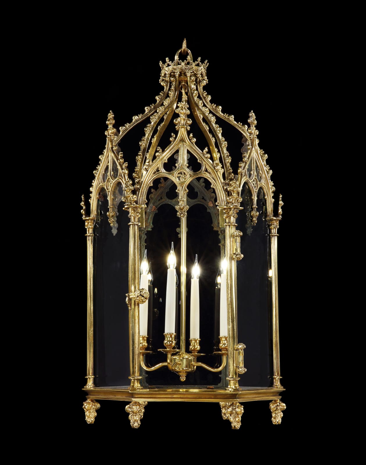 A REGENCY GILT-BRONZE AND GLAZED HEXAGONAL LANTERN, ENGLISH, CIRCA 1815