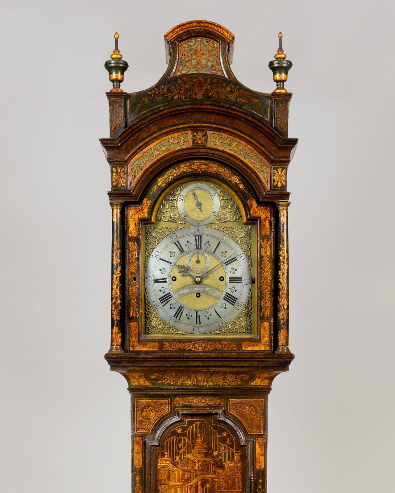 A GRAND WILLIAM WEBSTER GEORGE II GREEN AND GILT LACQUER LONGCASE CLOCK, English, circa 1750