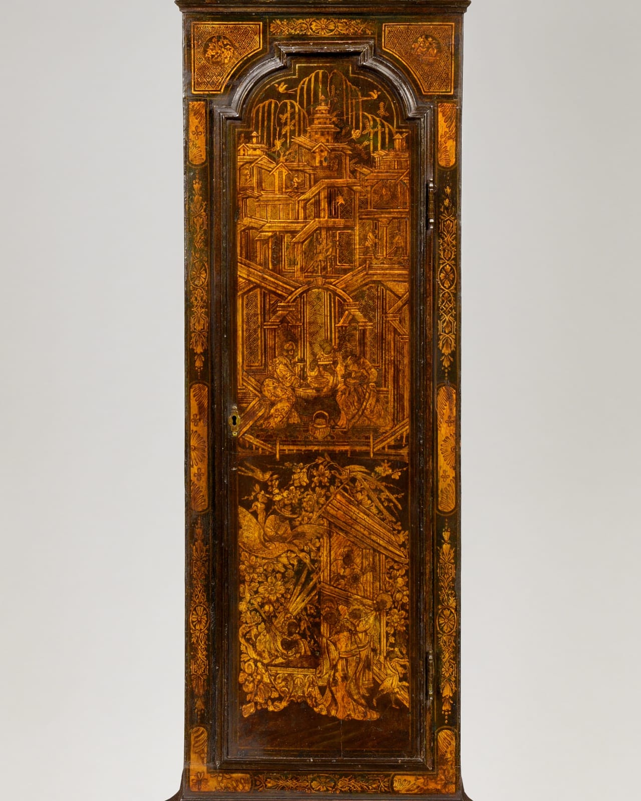 A GRAND WILLIAM WEBSTER GEORGE II GREEN AND GILT LACQUER LONGCASE CLOCK, English, circa 1750