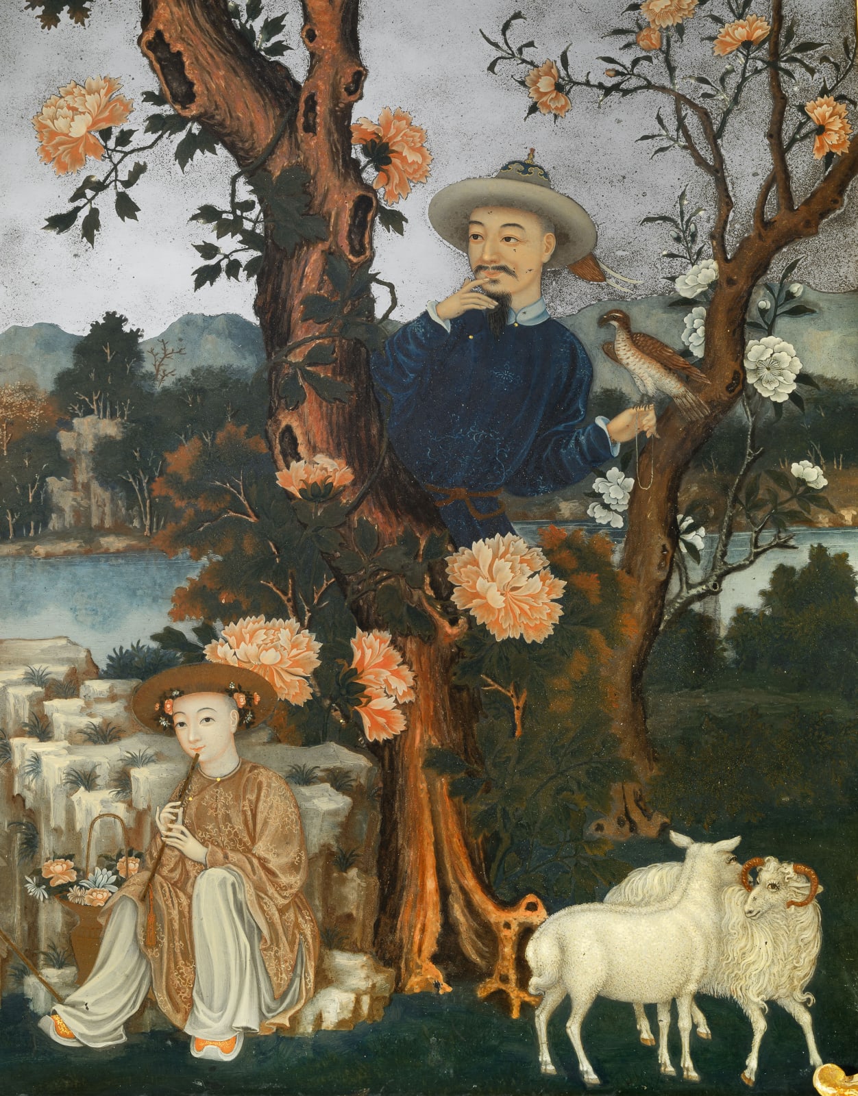 A CHINESE EXPORT REVERSE-PAINTED MIRROR DEPICTING THE SHEPHERDESS AND FALCONER, CHINA, CIRCA 1760 - 80