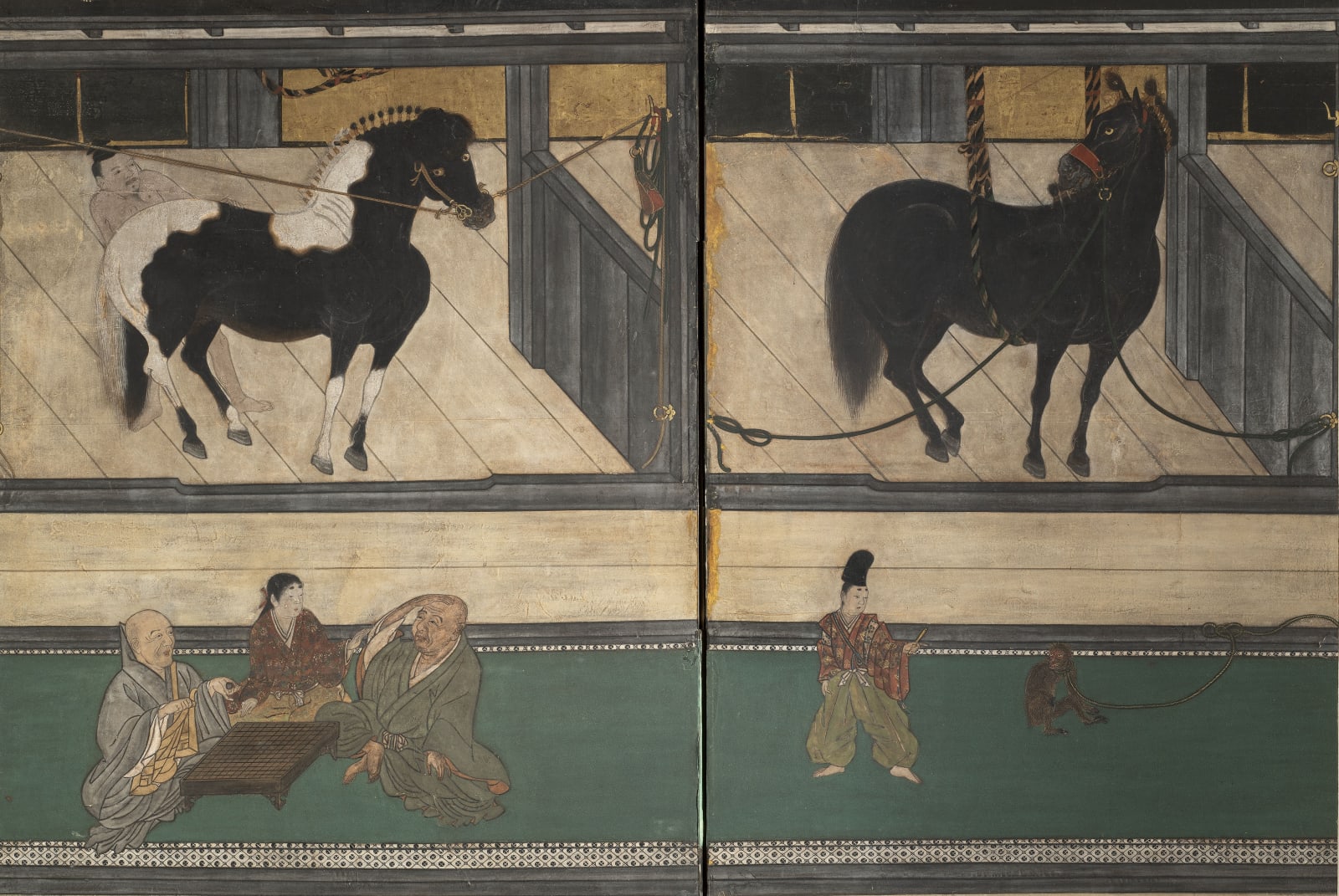 A PAIR OF SIX-FOLD BYŌBU (SCREENS) DEPICTING THE HORSE STABLE, JAPAN, MOMOYAMA (1573 - 1615) - EDO PERIOD (1603 - 1868), c. 1600