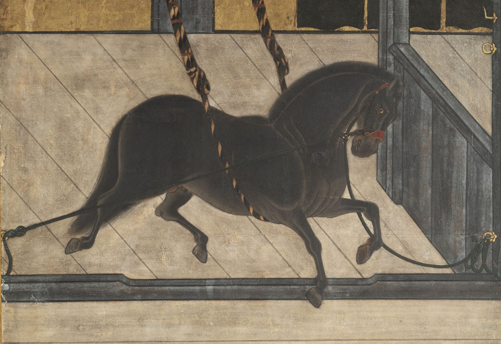 A PAIR OF SIX-FOLD BYŌBU (SCREENS) DEPICTING THE HORSE STABLE, JAPAN, MOMOYAMA (1573 - 1615) - EDO PERIOD (1603 - 1868), c. 1600