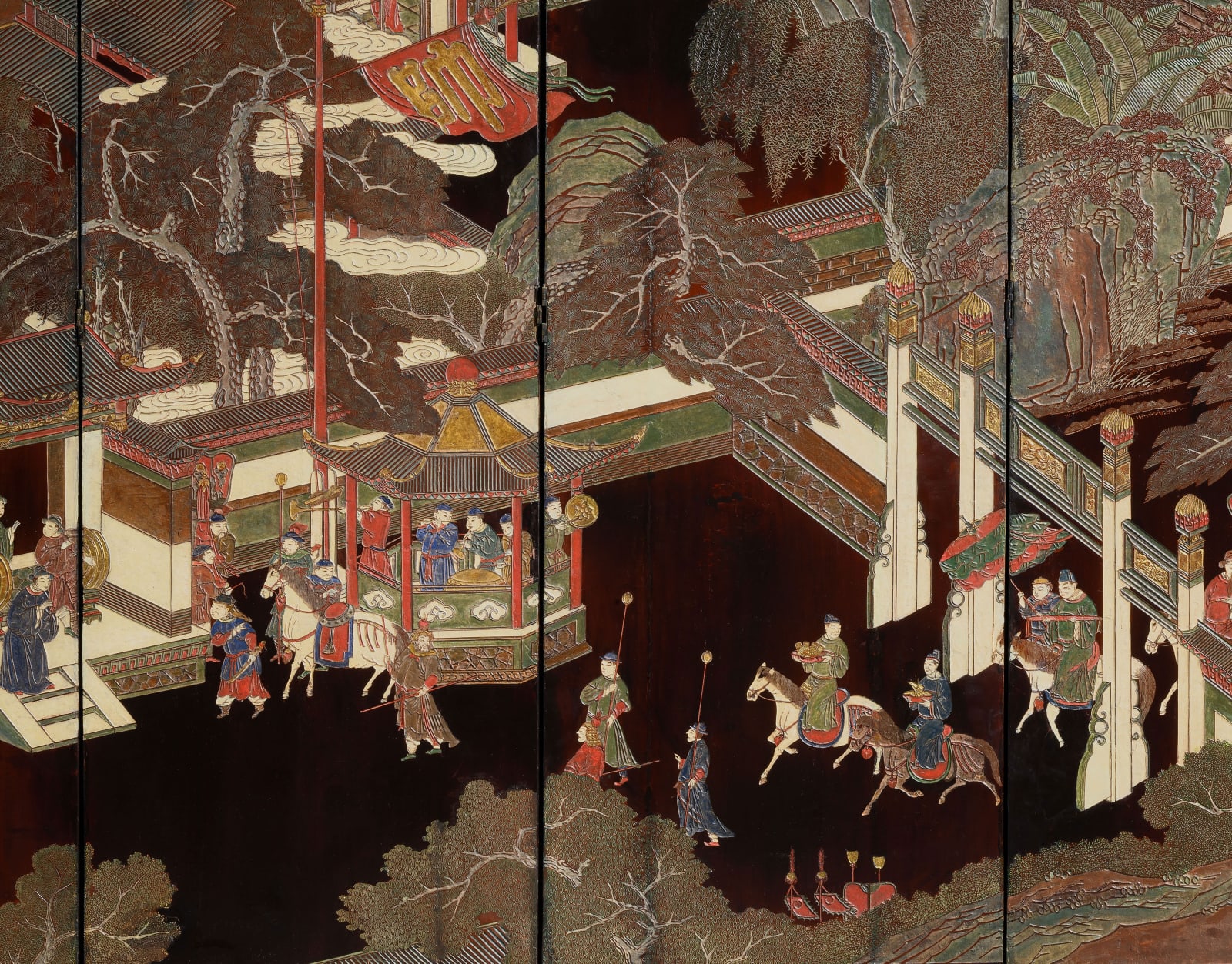 A Magnificent Twelve-Panel Coromandel Lacquer Screen Depicting Guo Ziyi, Kangxi Period, dated 1722