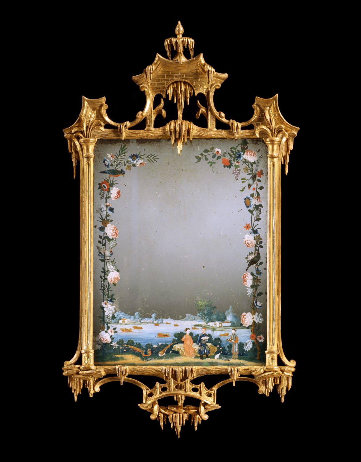A GEORGE III CHINESE EXPORT MIRROR PAINTING, The mirror painting: Chinese, circa 1765  The frame: English, circa 1900