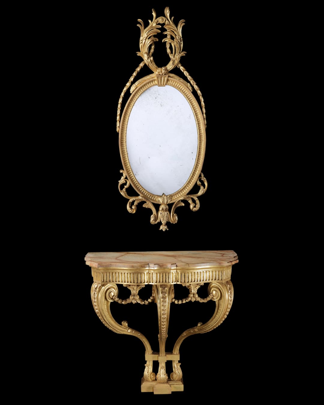 A PAIR OF GEORGE III CONSOLE TABLES EN SUITE WITH A PAIR OF MIRRORS, English, circa 1775