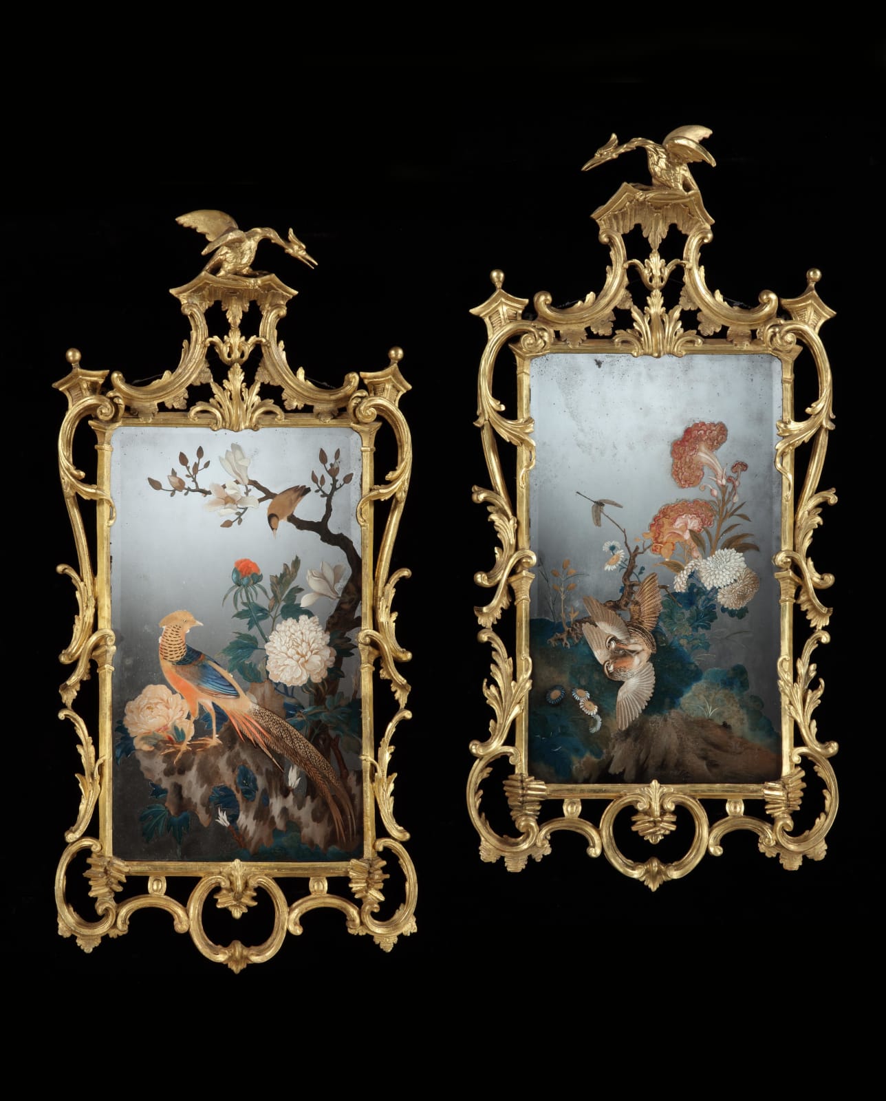 A PAIR OF GEORGE III PERIOD CHINESE EXPORT MIRROR PAINTINGS, Mirror paintings: Chinese, Qianlong, circa 1765  Frames: English, circa 1765, one frame of later date