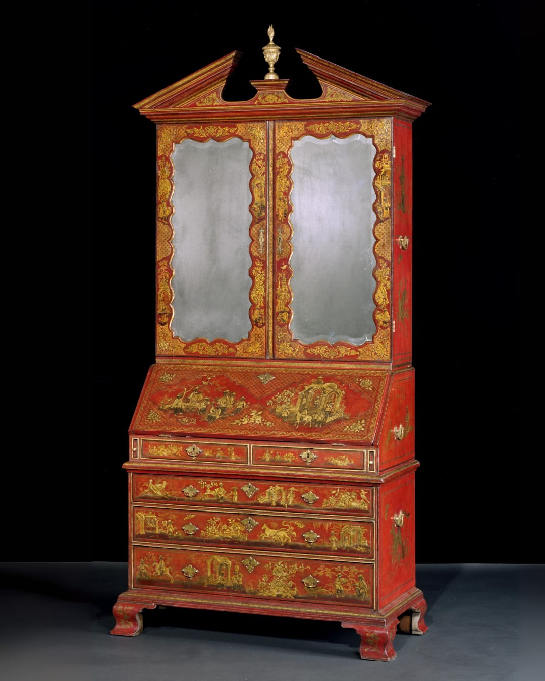 A PAIR OF GEORGE I SCARLET JAPANNED BUREAU BOOKCASES, English, circa 1720