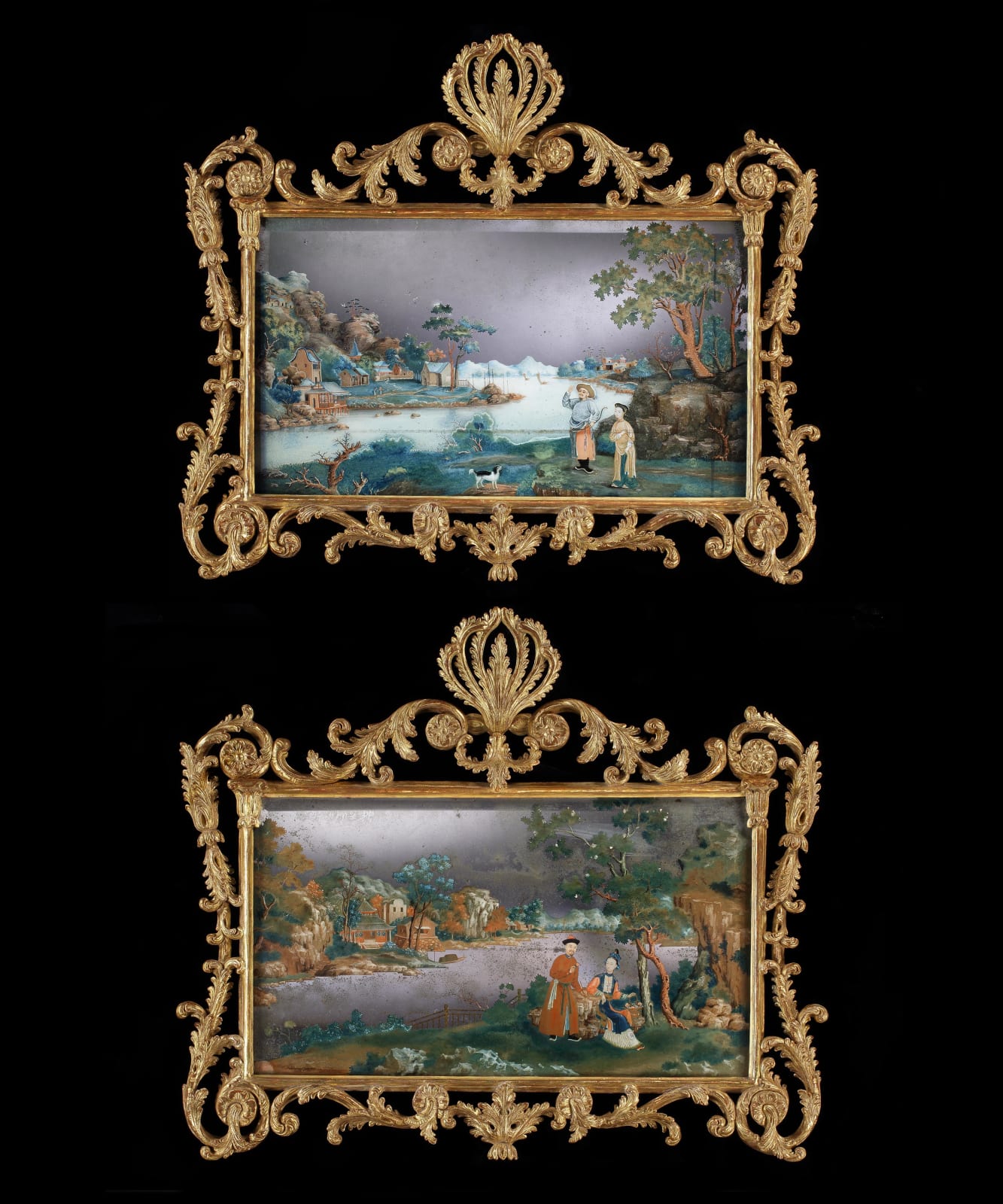 A PAIR OF GEORGE III MIRROR PAINTINGS, The paintings: Chinese export, circa 1765  The frames: English, of later date