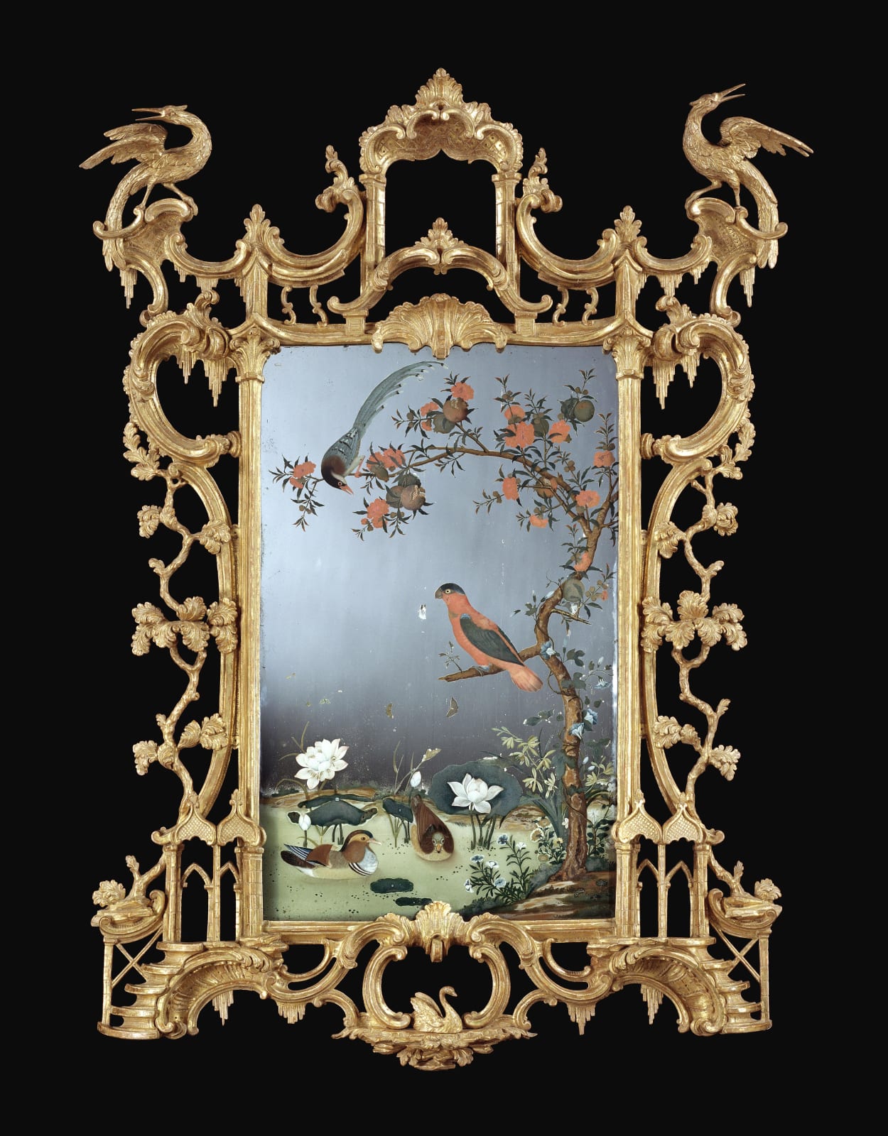 AN IRISH GEORGE III CHINESE EXPORT MIRROR PAINTING, The painting: Chinese, Qianlong circa 1765  The frame: Irish, circa 1765