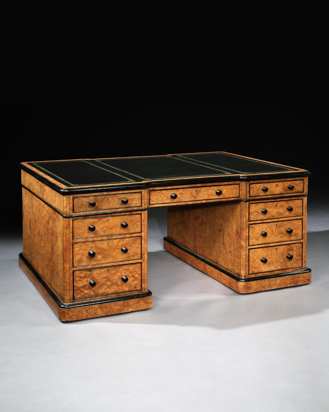 A VICTORIAN BURR ELM PARTNERS DESK, English, circa 1850
