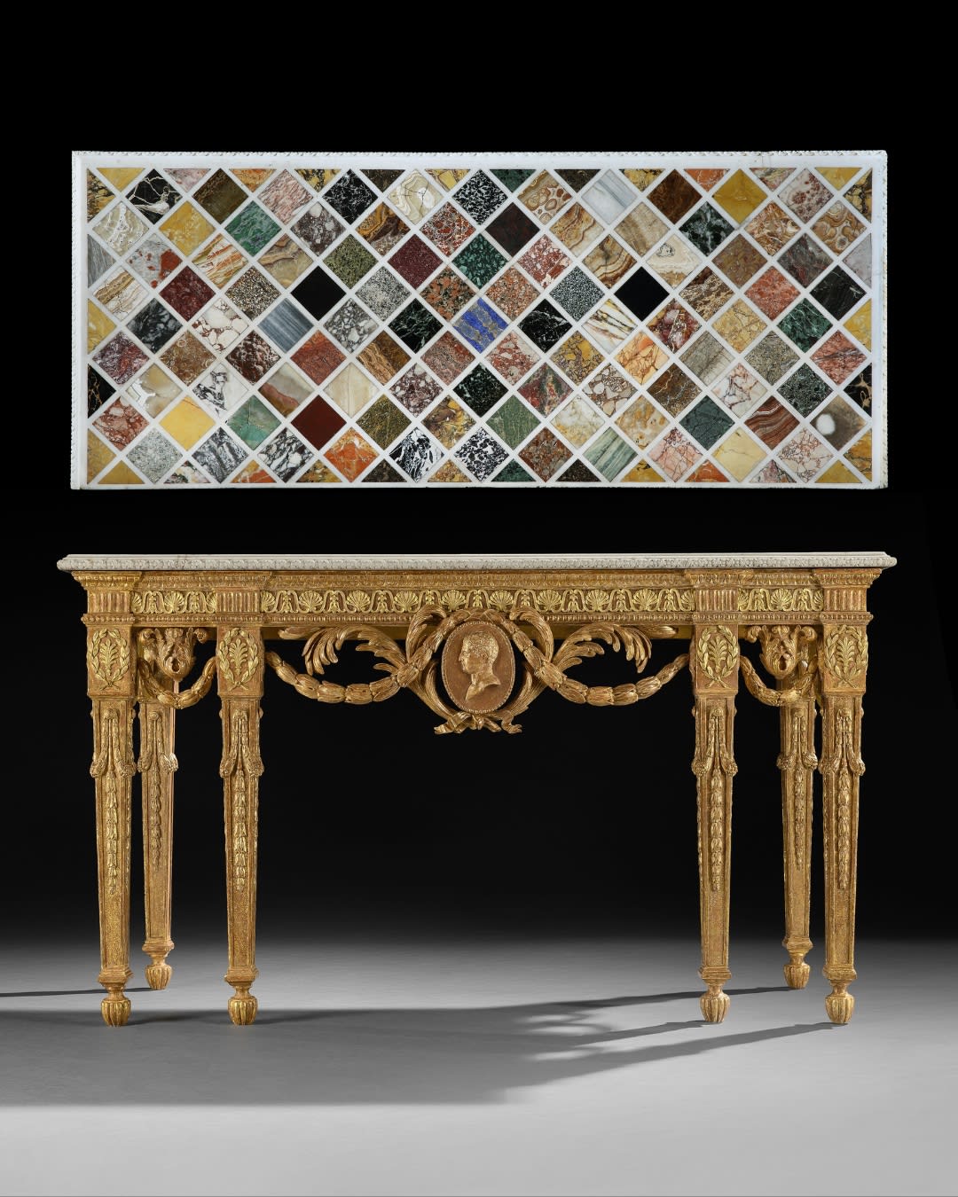 THE DAISY FELLOWES SPECIMEN MARBLE TABLE, The specimen marble top: Roman, circa 1750  The giltwood base: English, circa 1765