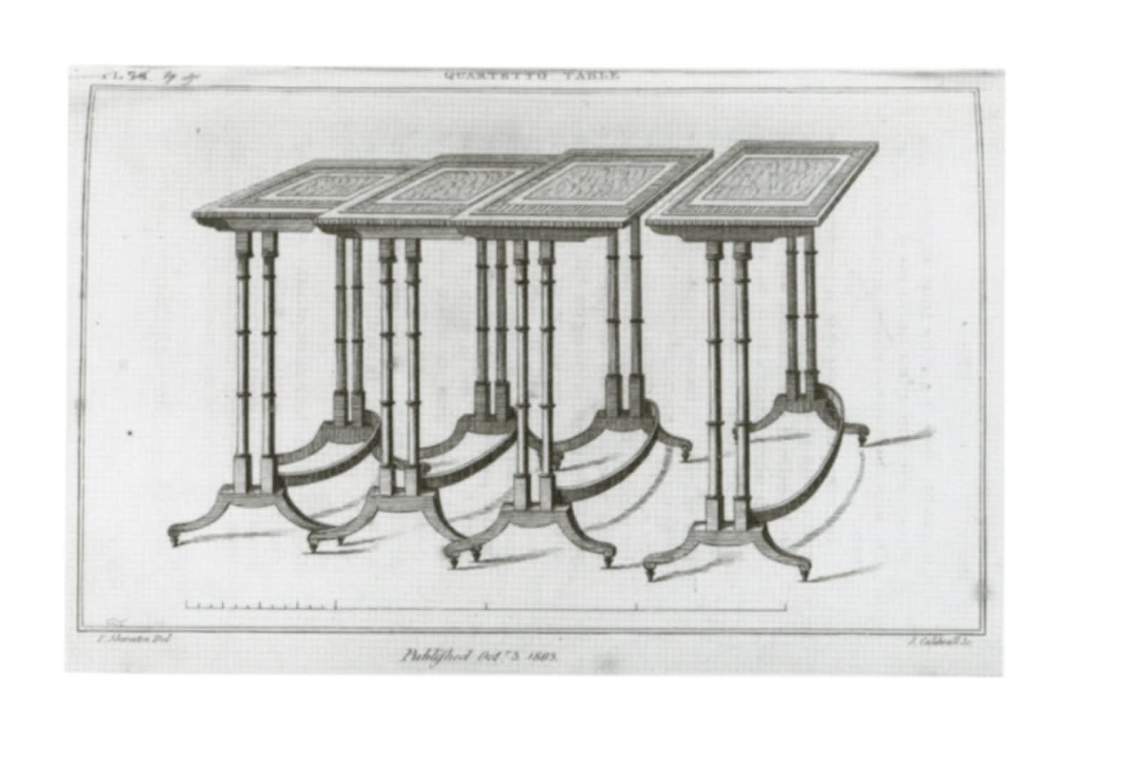 A NEST OF GEORGE III BRASS INLAID OCCASIONAL TABLES, English, circa 1805