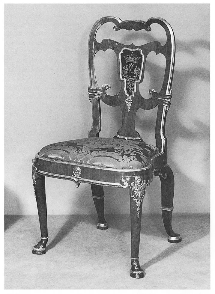 A GEORGE I PARCEL GILT WALNUT CHAIR WITH VERRE EGLOMISE INSERT BY THOMAS HOW, English, circa 1725