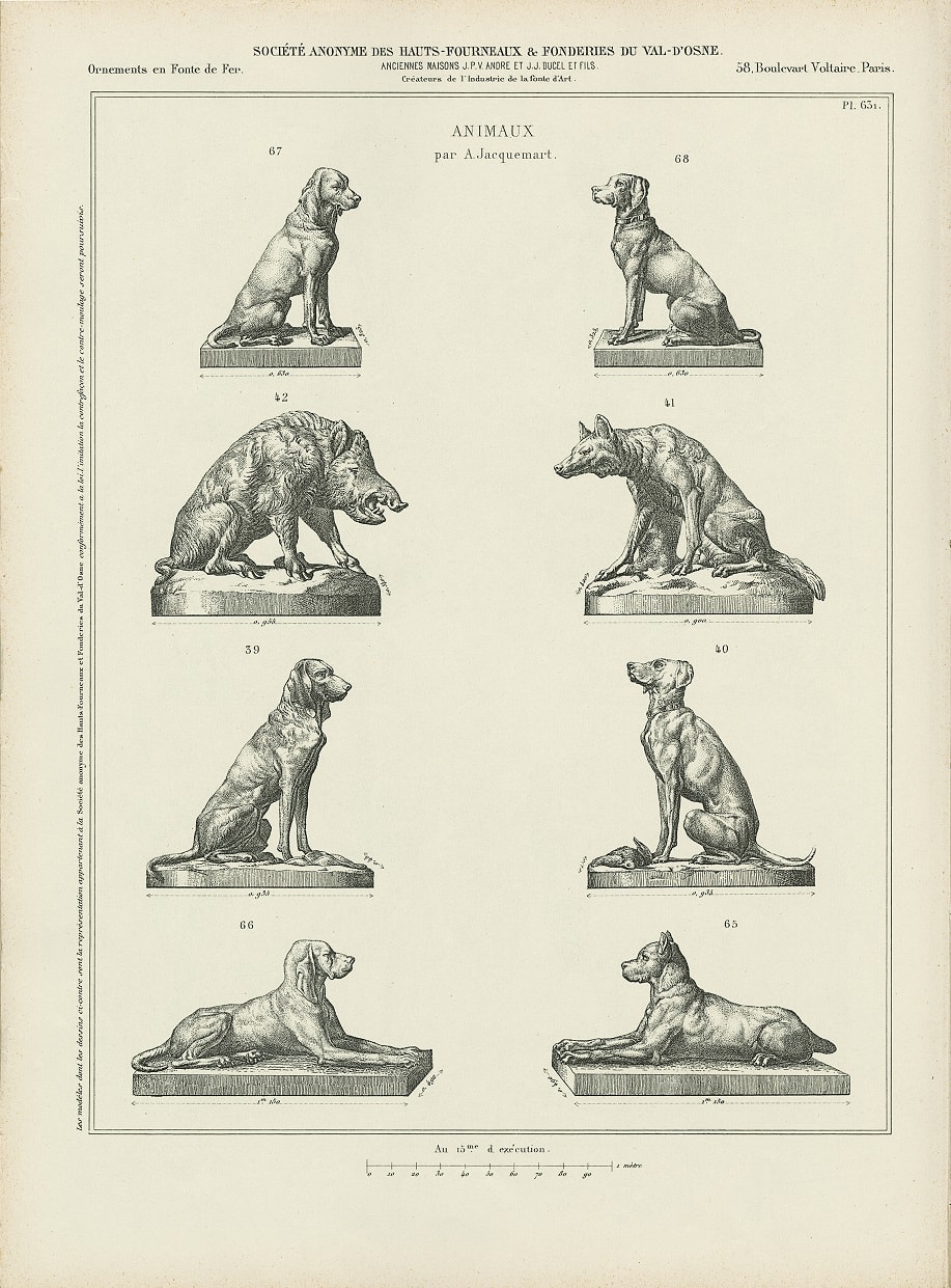 A PAIR OF SECOND EMPIRE CAST IRON SEATED HOUNDS BY HENRI ALFRED MARIE JACQUEMART, French, circa 1870