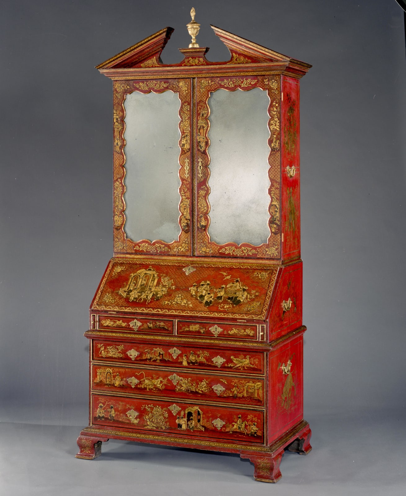 A PAIR OF GEORGE I SCARLET JAPANNED BUREAU BOOKCASES, English, circa 1720