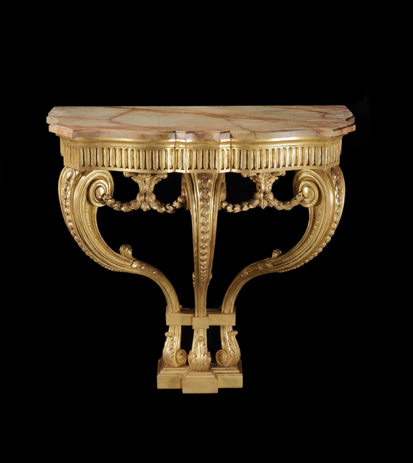 A PAIR OF GEORGE III CONSOLE TABLES EN SUITE WITH A PAIR OF MIRRORS, English, circa 1775