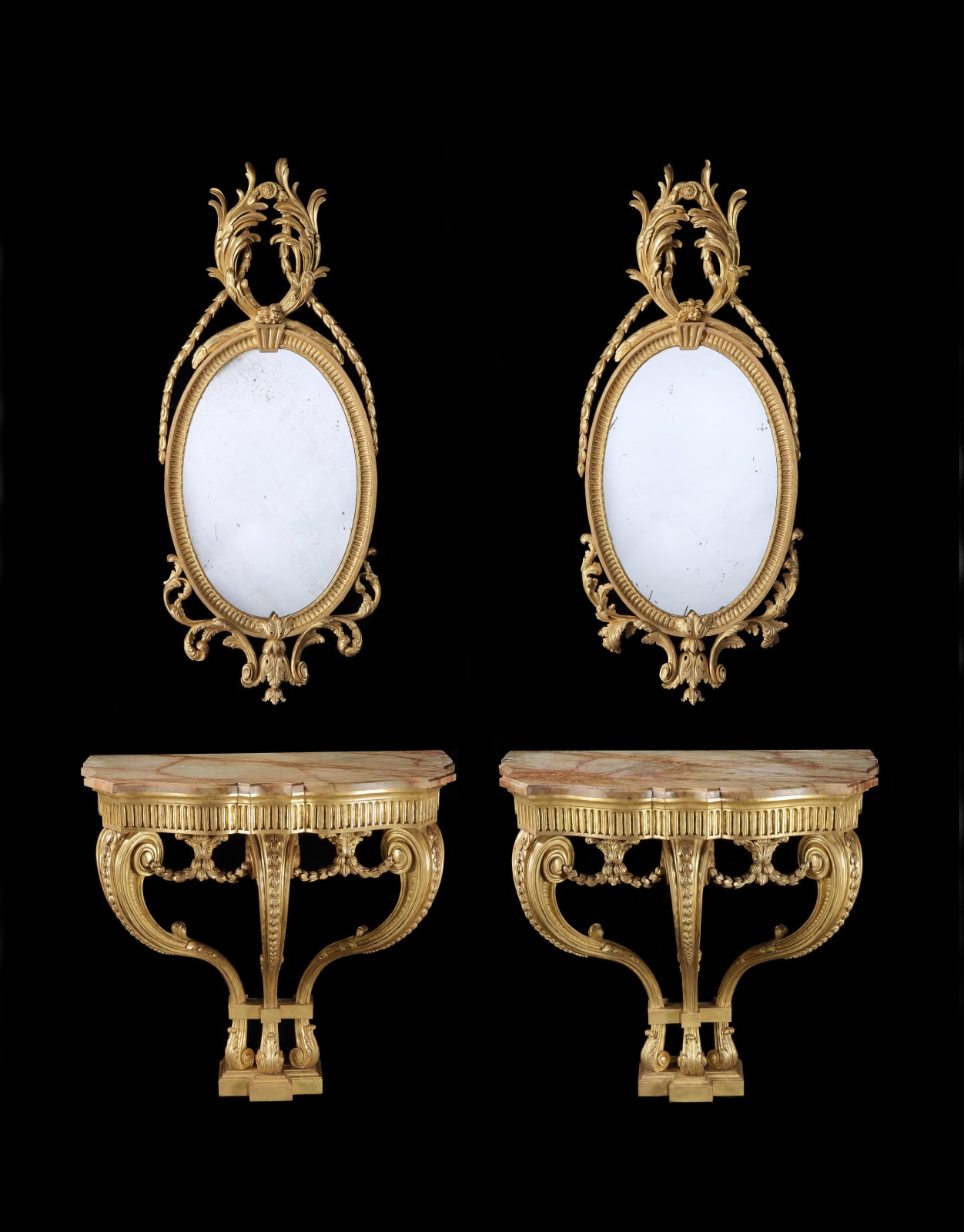 A PAIR OF GEORGE III CONSOLE TABLES EN SUITE WITH A PAIR OF MIRRORS, English, circa 1775