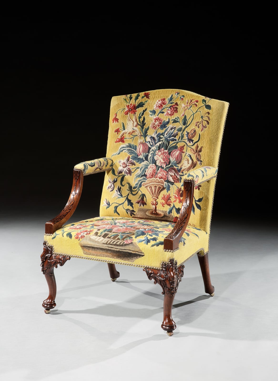 THE UNTERMYER LIBRARY ARMCHAIRS, The chairs: English, circa 1750  The tapestry: English, circa 1750
