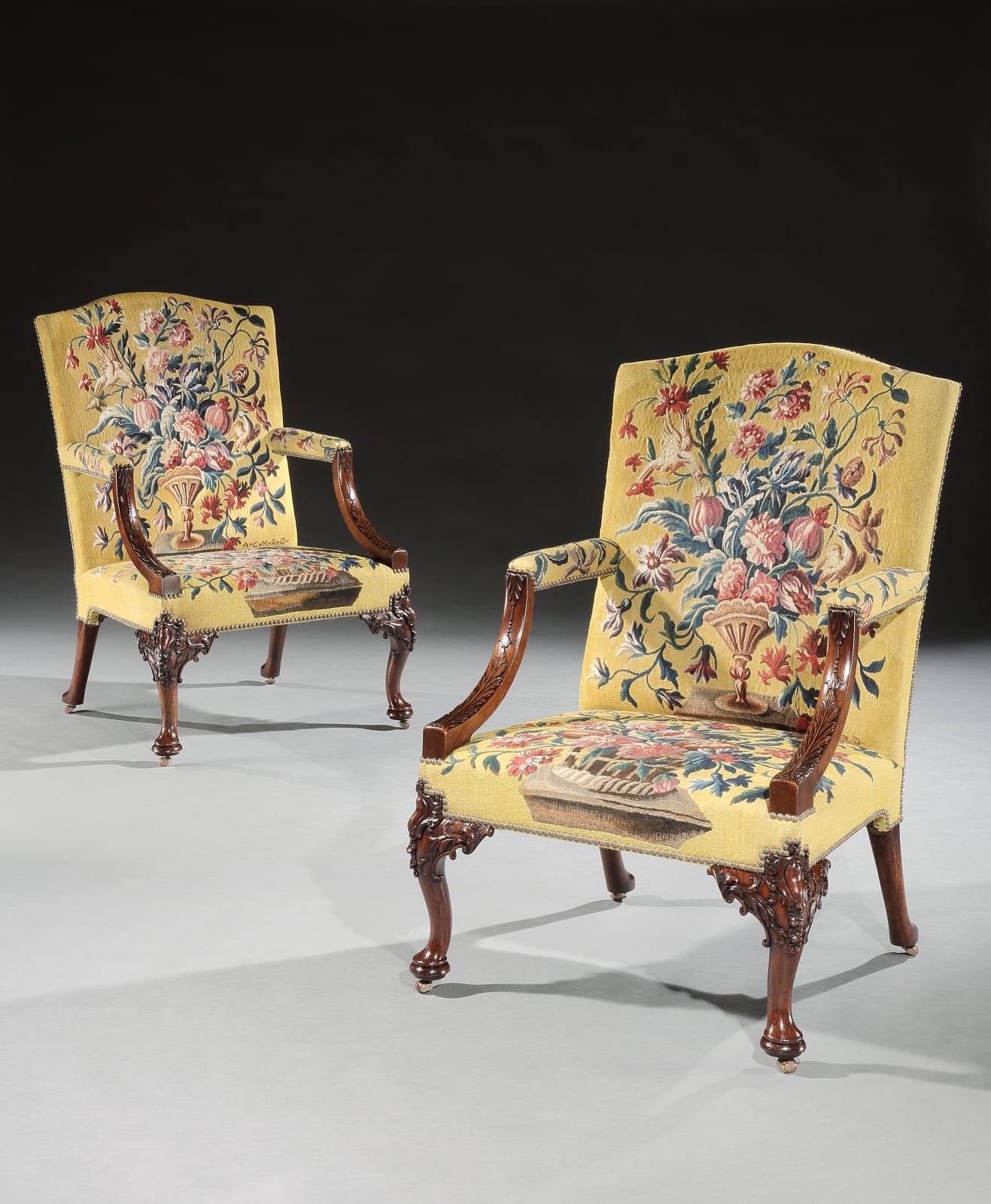 THE UNTERMYER LIBRARY ARMCHAIRS, The chairs: English, circa 1750  The tapestry: English, circa 1750