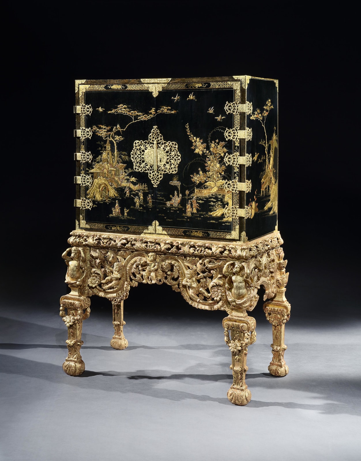 A CHARLES II BLACK JAPANNED CABINET, English, circa 1680