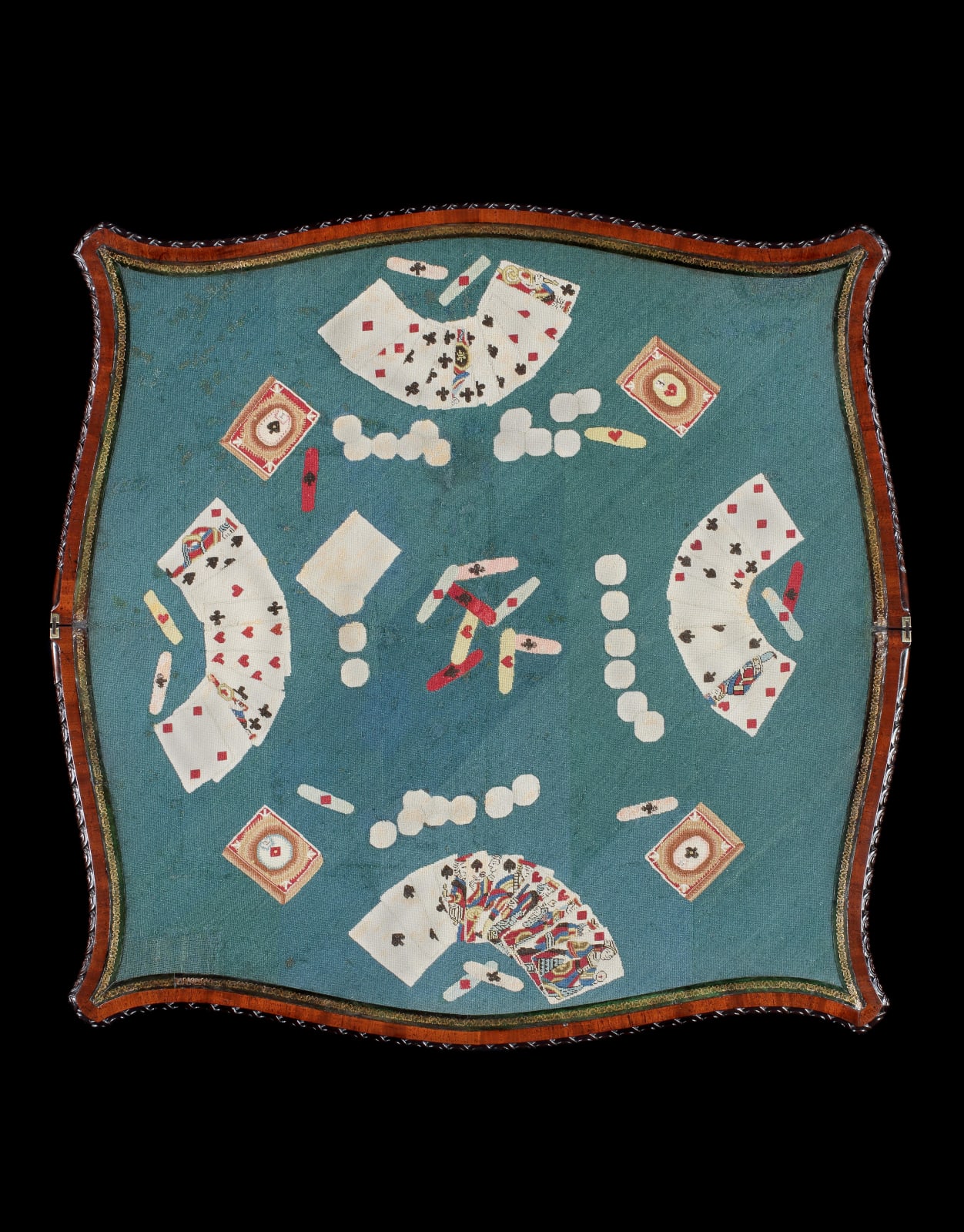 A GEORGE II MAHOGANY CARD TABLE, The table: English, circa 1755  The needlework: English, circa 1800