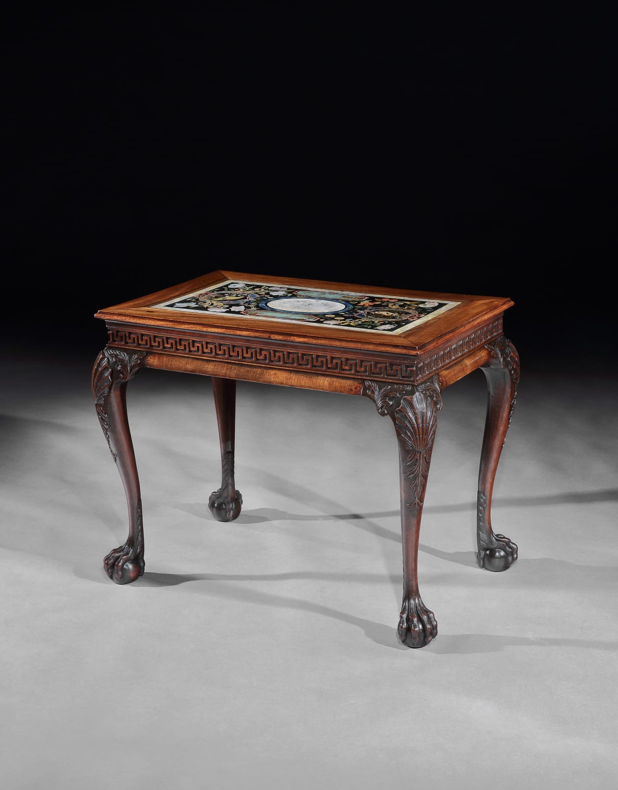 A PAIR OF GEORGE II MAHOGANY SIDE TABLES, The table bases: English, circa 1740  The scagliola inserts: Italian, circa 1735